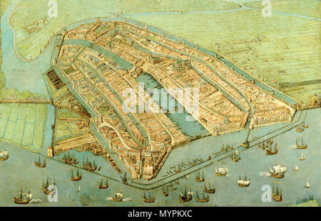 . La plus ancienne carte de Amsterdam, montrant la ville médiévale fini murs, tours et portes. Comme dans la plupart des vieilles cartes d'Amsterdam la ville est illustré à partir de l'IJ, afin que la vue est dirigée vers le sud plutôt que le nord. . Vue d'Amsterdam . En 1538, Amsterdam 1538 366 Banque D'Images