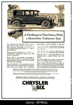 CHRYSLER SIX ANNÉES 20 Vintage press annonce pour 1926 voiture automobile Chrysler Six Tournées de stabilité de vitesse d'impression La voiture de l'affiche annonce un puissant annoncés, moteur six cylindres qui pourrait atteindre des vitesses de 70 mph en utilisant seulement 20 miles par gallon. La Chrysler Six pistons en aluminium également, l'huile et des filtres à air de rechange, amortisseurs et freins hydrauliques équipement standard sur toutes les roues. Banque D'Images