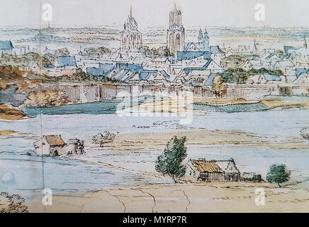 . Anglais : Détail d'une vue de Maastricht, aux Pays-Bas, en 1673. Le peintre Bruxelles Adam Frans van der Meulen suivie dans le train des troupes françaises pendant le siège de Maastricht par Louis XIV et utilisé ce croquis de la Mount Saint Pierre, pour certains de ses tableaux de ce fameux siège. Ici les tours d'église de Saint Servatius et St John's. . 16 juillet 2016, 10:30:54. Adam Frans van der Meulen (1632 - 1690) 10 gezicht op Maastricht (un F vd Meulen, 1673), détail 2 Banque D'Images