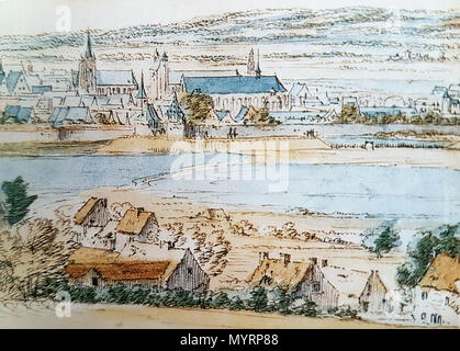 . Anglais : Détail d'une vue de Maastricht, aux Pays-Bas, en 1673. Le peintre Bruxelles Adam Frans van der Meulen suivie dans le train des troupes françaises pendant le siège de Maastricht par Louis XIV et utilisé ce croquis de la Mount Saint Pierre, pour certains de ses tableaux de ce fameux siège. Ici : l'église St Nicolas de tours et St Mary's. À droite : le pont. Au premier plan : le village de Sint Pieter. . 16 juillet 2016, 10:31:19. Adam Frans van der Meulen (1632 - 1690) 10 gezicht op Maastricht (un F vd Meulen, 1673), détail 1 Banque D'Images