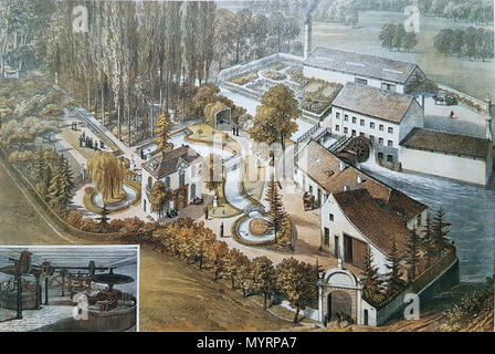 . Anglais : vue d'oiseaux de la Villa Blanche et deux moulins à eau sur la rivière Jeker près de Maastricht, aux Pays-Bas. L'impression a été faite par un artiste inconnu pour un album que Petrus Regout - propriétaire de Villa Canne - avait mis sur pied en 1865 pour la famille et les amis. . 16 juillet 2016, 10:35:52. Artiste inconnu, 1865 Villa 25 Canne &AMP ; omgeving (album P Regout, 1865) Banque D'Images