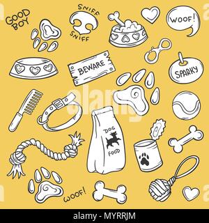 Trucs chien dessiné à la main, accessoires pour animaux, contours icons set, vector illustration Illustration de Vecteur
