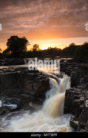 La force faible, la région de Teesdale, comté de Durham. 7 juin 2018. Météo britannique. Après une autre journée chaude dans le North Pennines, les derniers rayons de soleil à faible force grève sur la Rivière Tees. David Forster/Alamy Live News Banque D'Images