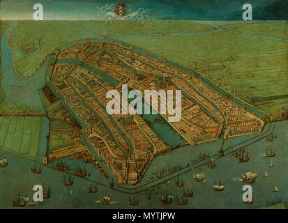 . La plus ancienne carte de Amsterdam, montrant la ville médiévale fini murs, tours et portes. Comme dans la plupart des vieilles cartes d'Amsterdam la ville est illustré à partir de l'IJ, afin que la vue est dirigée vers le sud plutôt que le nord. . Vue d'Amsterdam . 1538 366 Vue sur Amsterdam Banque D'Images