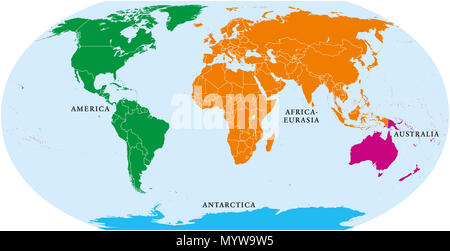 Quatre continents carte du monde. L'Amérique, l'Australie et l'Antarctique, Africa-Eurasia. Carte politique avec les côtes et les frontières. Projection Robinson. Banque D'Images