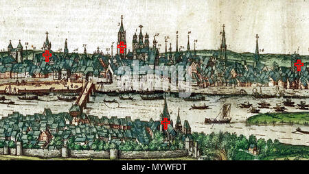 . Anglais : vue sur la Meuse et la partie centrale de Maastricht, aux Pays-Bas, autour de 1570. Détail d'un panorama de la ville de Simon de Bellomonte, publié en 1575 dans la partie 2 de Braun & Hogenberg's atlas of world cities Civitates orbis terrarum. La croix rouge, marquez les quatre églises médiévales. . 17 janvier 2017, 10:36:31. Simon de Bellomonte (1526-1615) 151570parochiekerken Maastricht Banque D'Images