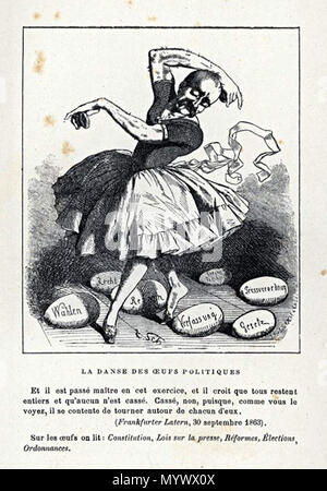 . Anglais : Danse des oeufs politique, une caricature d'abord paru en 1863 dans la Frankfurter Latern, montrant Otto von Bismarck habillé comme une ballerine danse sur œufs étiquetés avec la loi, Constitution, élections, réforme, et appuyez sur . 1863. La danse des oeufs de Bismarck 15 Anonyme Banque D'Images