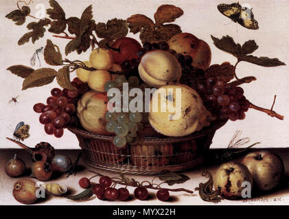 . Anglais : Contrairement à l'italien et le français, généralement des natures mortes de fruits au 17ème siècle les Néerlandais, étaient encore dans la tradition de "symbolisme déguisée" (Erwin Panofsky). Vanitas le thème est souligné par la présence d'ecchymoses, mauvais points chauds et de ver, ainsi que les insectes comme les papillons, libellules et la mouche domestique, ainsi qu'un lézard qui est grignotage à l'une des pommes à l'extérieur de la nacelle. Le raisin a souvent une référence christologique. Dans le cadre de la Vierge Marie, les pommes symbolisent la rédemption et la victoire sur le péché, alors que les insectes et les lézards sont souvent associés avec le mal Banque D'Images