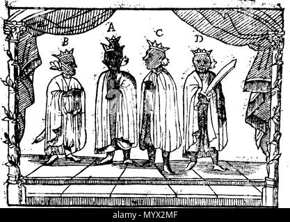 . Anglais : Fleuron du livre : Au Théâtre du poinçon. Pour le divertissement des quatre rois indiens, à savoir (A) L'Empereur Tee Yee Neen Ho Ga Row. (B) Le Roi Sa Ga Yean Qua Rah remorquer. (C) Le Roi E Remorquer Oh Koam. (D) King Oh Nee Yeath aucun Remorquage Riow ce présent Munday, Mai 1. à sept un réveil. 384, Punch's Theatre Fleuron T008272-2 Banque D'Images