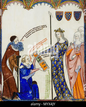 . English : Jeanne II de Bourgogne (à droite), comtesse de Bourgogne, reine de France et de Navarre (épouse de Philippe V de le Long, roi de France), reçoit de Thomas le Myésier (au centre, à genoux) ses trois traités [abrégés de l'oeuvre de Lulle], en présence de Raymond Lulle (à gauche, debout derrière le Myésier) enluminure tirée du 'Breviculum seu electorium parvum' de Thomas le Myésier Badische Landesbibliothek Karlsruhe,,, Saint Pierre Gret. 92, fol. 12r Français : Ramon Llull (à gauche), avec son disciple Thomas le Myesier (au milieu, à genoux), présentant trois anthologies (compilations d'accalmie Banque D'Images