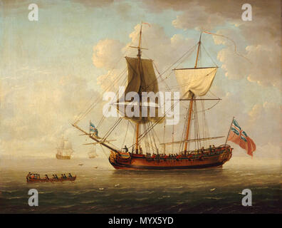 . Anglais : un brigantin Naval dans une mer calme au xviiie siècle un brigantin Royal Naval, battant le Red Ensign, un Union Jack à l'avant et la poignée d'un navire sur la commande indépendante. C'est au large de la côte, qui peut être vu à l'extrême gauche. Le navire est un deux-mâts gréé en carré, 10 sloop de guerre des armes à Port-broadside vue, avec une figure de proue à l'avant. Le grand mât porte un pilote latines, à l'abaissement ferlées cour latines. À gauche, trois fonctionnaires sont ramé au navire, où les hommes sur le pont se préparer à y répondre. Deux autres navires en pleine mer peut être vu dans la distance à la gauche. T Banque D'Images