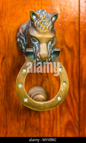 Porte avec heurtoir en laiton en forme de cheval, belle entrée de la maison, décoration vintage Banque D'Images