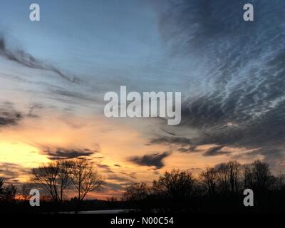 Tuesley Ln, Godalming, UK. Mar 26, 2017. Météo France : Coucher de soleil sur Godalming. Tuesley ferme, Godalming. 26 mars 2017. Les conditions anticycloniques haute pression sur les Home Counties aujourd'hui. Coucher de soleil sur Godalming à Surrey. /StockimoNews jamesjagger : Crédit/Alamy Live News Banque D'Images