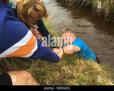 Championnat du monde de plongée tourbière, Llanwrtyd Wells, Powys, Pays de Galles, UK 2017 un concurrent fatigué abandonne le snorkeling boueux à la mi-étape. Banque D'Images