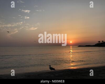 Javea, Espagne : Météo, 6 août 2018, une autre journée de prévision des températures de 36C et que le soleil se lève sur la plage Arenal de Javea sur la Costa Blanca : Crédit Josie Elias/StockimoNews/Alamy Live News Banque D'Images