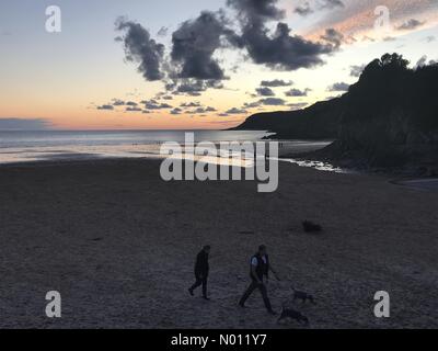 Caswell Bay, Swansea, Pays de Galles, Royaume-Uni. 22 octobre 2019. Les gens promènent leurs chiens à Caswell Bay près de Swansea ce soir au coucher du soleil dans l'Ouest à la fin d'une superbe journée. Credit : Phil Rees/StockimoNews/Alamy Live News Banque D'Images