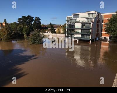 Hereford, Royaume-Uni. 27 Oct, 2019. Météo Inondations à Hereford Royaume-Uni Royaume-Uni - la rivière Wye est extrêmement élevé à Hereford avec quelques inondations sur la rive gauche dont ces appartements modernes sur pilotis. Crédit : Steven Mai / StockimoNews/Alamy Live News Banque D'Images