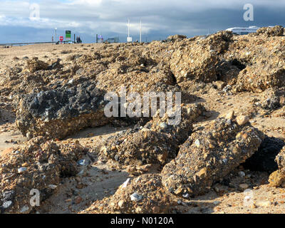 Beachlands, Hayling Island, Hampshire, Royaume-Uni. 06Th November 2019. Morceaux de sédiments éparpillés à travers la plage à Hayling Island, Hants, à la suite de tempêtes de vent ce week-end. /StockimoNews jamesjagger : Crédit/Alamy Live News Banque D'Images