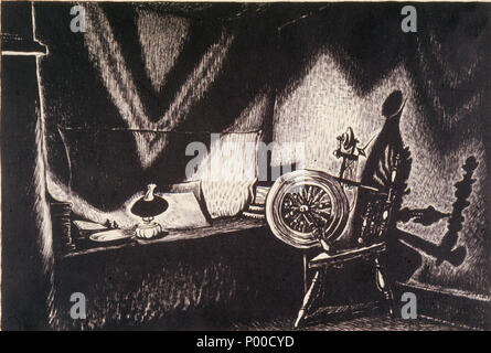 . Anglais : un banc avec une assiette, du papier, et une lampe, une roue qui tourne. Très sombre et l'ombre avec seulement la lumière de la lampe. CU Art Museum, 47,49 . 20e siècle. Wanda Gág, américaine (1893-1946) 32 Soir Wanda Gag Banque D'Images