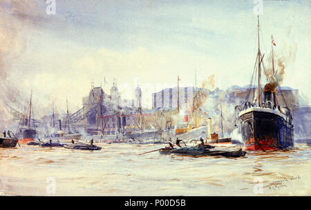 . Anglais : Un quai Irongate Scène mouvementée de voyage sur la Tamise par le peintre de marines William Lionel Wyllie (1851-1931). Cette aquarelle montre Irongate quai avec la moitié nord de Tower Bridge à gauche et la Tour de Londres au-delà. Un certain nombre de briquets, manoeuvré par aconiers avec les socs, négocier dans les alentours de la cargaison des navires utilisant le quai. Le travail est signé 'W', Wyllie L'angle inférieur droit. En 1854, la London, Leith, Édimbourg et Glasgow Steam Packet Company, utilisée comme son quai Irongate terminal à Londres. Le quai est devenu la principale base de Londres pour l'Steam Navigation Company Banque D'Images