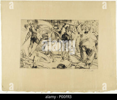 . Partie de légendes classiques (Antike Legenden), un portefeuille de 12 pointes sèches, (variante de la planche 1), la plaque : 9 15/16 x 15 9/16" (25,3 x 39,5 cm) ; feuilles (irrég.) : 18 1/4 x 23 1/16" (46,3 x 58,5 cm). Papier : Beige, lisse, portées au Japon. Editeur : Marées-Gesellschaft, R. Piper & Co., Munich. Imprimante : Alfred Ruckenbrod, Berlin. Edition : 150 (y compris une édition deluxe de 50 sur papier Japon [ce] Ex. avec plaque supplémentaire et une édition régulière de 100 sur papier fait main 'Bütten'). . Deutsch : Ulysse und die Société English : Ulysse et les prétendants . 191965 Lovis Corinth Ulysse et les prétendants 191 Banque D'Images