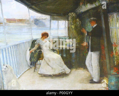. Anglais : Cette huile sur toile peinture représente un capitaine de yacht(probablement Edwin Dennison Morgan et son épouse Elizabeth Moran Morgan) sur la 'veranda' sur l'arrière de leur yacht à vapeur susceptibles "peut" . Le capitaine est dépeint rouler fils. Sa belle épouse salons et contient la chaîne tendue dans une main et la balle dans l'autre. Le chien du couple, un Spitz, est appelée à regarder la toile de l'eau à la gauche avec la courbe de ses coups de queue jusqu'à partir de la partie inférieure de la toile. À travers les lattes du rail de protection une frégate peut être vu. Un nuage de fumée à sa bavette indique un récent licenciement, p Banque D'Images