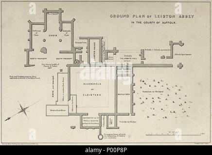 . Anglais : Plan de masse du 14e siècle, ruines de l'abbaye des Prémontrés à Woodbridge, Suffolk, faite par l'historien Alfred Inigo Suckling Suffolk en 1848 . 1848. Alfred Inigo Suckling (1796-1856) 96 Le Plan d'allaitement Leiston Abbey (1848) Banque D'Images