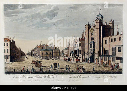 . Une vue sur Palais St James, Pall Mall etc par Thomas Bowles, publié en 1763. Cette vue se tourne vers l'Est. La porterie de St James's Palace se trouve sur la droite. L'image ci-dessous : lettrage [gauche] T. Bowles Delin et sculptures. [Center] Publishe avait, conformément à la loi du Parlement / [gauche] Vue de S.t James's Palace, Pall-Mall, &c. [Droit] Vüe du Palais royal d S.t Jacques Pall-Mall &c. / [Centre] Londres. Imprimé pour Bowles et Carver 69 S.t Paul's Church Yard. Rob.t Wilkinson au 58 Cornhill, et Laurie & Whittle 53 Fleet Street. . Anglais : une vue de Saint James's Palace, Pall-Mall, etc. English : Vüe du Palais Roy Banque D'Images