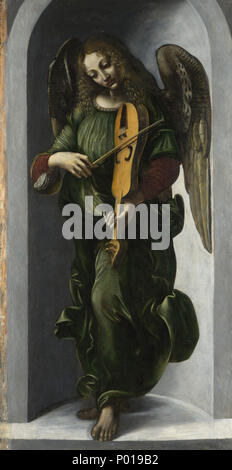 . Ange avec violon / Panneaux du retable de S. Francesco, Milan . Un ange en vert avec une vielle . Entre 1490 et 1499 3 Leonardesco, forse ambrogio de predis, Angelo di sx della Vergine delle Rocce di londra Banque D'Images