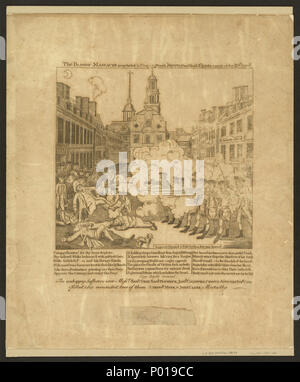 . Imprimer montre les troupes britanniques tirent sur un groupe de citoyens dans une rue de Boston, Massachusetts, avec le Custom House Royal connu comme 'Butcher's Hall' sur la droite, la première église et maison de ville à l'arrière-plan. Certains des blessés sont transportés loin de la scène, d'autres se trouvent dans la rue. Comprend 18 lignes de vers et d'une liste de ceux qui ont été tués et blessés. . 'Le massacre sanglant perpétré dans King Street Boston le 5 mars 1770 par une partie de la 29e Regt. / Engrav'd, imprimé et vendu par Paul Revere, Boston.' 'Impression montre les troupes britanniques tirent sur un groupe de citoyens dans une rue de Bo Banque D'Images