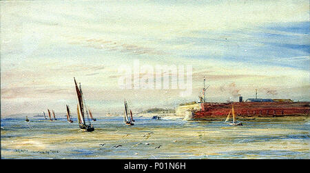 . English : 'Noël 1916' ; yachts de quitter le port de Portsmouth signée et inscrite, que le titre, par l'artiste, en bas à droite. Cette vue donne directement à l'entrée du port de Portsmouth à Fort blockhaus et l'Haslar Mur, avec des bateaux à voile vers l'ouest et laissant dans le Solent. Il a probablement été réalisée à partir de la Tower House, Wyllie's home en vieux Portsmouth ou ailleurs au-dessus de l'étroite, verrouillage à comme un enregistrement de ce paisible, lumineux matin de Noël en temps de guerre. . 25 décembre 1916. William Lionel Wyllie (1851-1931) Noms alternatifs W. L. Wyllie Description peinture britannique Banque D'Images