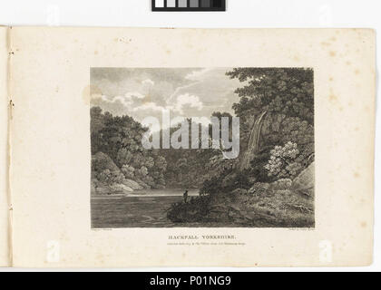 . English : 'Hackfall, Yorkshire' vue de Hackfall, Yorkshire. Le texte d'accompagnement pour cette gravure est manquant. La gravure montre un lac ou une rivière avec des arbres et des plantes de tous les côtés. Il y a une chute dans l'avant-plan et à deux chiffres silhouette au bord de l'eau. Ce volume relié de "scènes pittoresques' a été créé par Letitia graveur Byrne et l'éditeur Thomas Palser. Ce type de publication a été relativement populaire au début du 19e siècle, réunissant différentes scènes, tous réputés remplir les critères de ce nouveau type de classement appelé 'paysage picturesq Banque D'Images