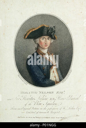 . English : 'Horatio Nelson Esqr maintenant sir Horatio Nelson K.B. Le Contre-amiral de l'Escadron bleu. À partir d'une photo d'origine en la possession de W.Locker Esqr- Lieut. L'hôpital de Greenwich Govr'Stipple gravure. Une impression après les trois-quarts portrait par Rigaud peint entre 1777 et 1781 (BHC2901). Cela montre Nelson à droite dans Captain's full-uniforme de 1774-87. Il porte un chapeau et ses mains reste sur son épée à gaine en face de lui. Bien que le portrait a été commencé en 1777 lorsque Nelson était un lieutenant, ne fut achevé qu'en 1781 quand il retourna en Angleterre en tant que capitaine. Il a été Banque D'Images