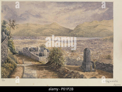 . English : 'Nagasaki, Japon' No 15d 51 (PAJ2051 - PAJ2101) : inscrits par l'artiste sur la page de l'album 'Nagasaki, Japon' et datée '3/68'. Nagasaki est la capitale et la plus grande ville de la préfecture de Nagasaki, dans l'extrême sud-ouest de l'île japonaise de Kyushu. Il a une très longue port naturel orientées approximativement au nord-nord-est au sud-sud-ouest. Cette opinion semble regarder de l'autre côté de la ville depuis les collines du côté est du port, avec une route pavée et petit cimetière au premier plan. Il y a une foule d'expédition de l'Ouest à l'ancre dans la baie. Un poisson à l'origine Banque D'Images