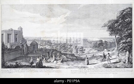 . English : 'Perspectives de l'observatoire de Greenwich en haut de la Colline ... vue sur Londres et le cours de la Tamise...' Cette vue nord-est sur le parc, l'hôpital de Greenwich et de la Tamise, à Londres, dans la partie gauche de la distance, est l'un d'une paire ; pour l'autre voir PAI7092. Tous deux montrent le Queen Mary de l'hôpital (sous la coupole droite ici) aussi complète, bien qu'il a été commencé qu'en 1735 et n'est pas jusqu'à 1751. Le haut de la colline de l'Observatoire est montré comme robuste, bien que les chiffres sont "tumbling" sur la partie inférieure droite de la pente, et il n'y a aucune preuve que l'imprimeur de la Hou Banque D'Images
