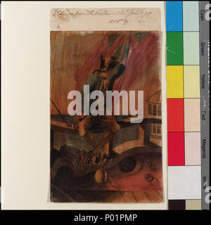 . English : 'prises à bord du Pallas en mer, Jany 75' [Bray album] n° 29 du 74 (PAJ1976 - PAJ2049) titrée et datée comme ci-dessus et signé 'AVprGB' (à la vie par Gabriel Bray) sur le papier, cette montre probablement un aspirant, apparemment assoupi dans une position précaire sur l'équipage du navire taffrail. Sa poupe lanterne et pavillon rouge sont vus derrière (ce dernier, puis officier supérieur de la marine et de l'ensign pavillon marchand britannique, étant celui effectué par des navires de guerre sur la commission indépendante). C'est l'un des 73 dessins de Bray (plus un signé 'NF 1782') conservés dans un album du xixe siècle. Ils hav Banque D'Images