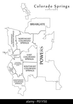 Plan de la ville moderne - Colorado Springs CO ville des États-Unis avec des titres et des quartiers contour plan Illustration de Vecteur