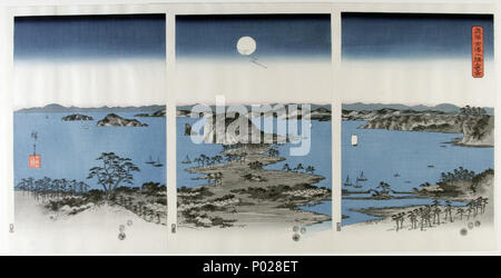 . Anglais : Utagawa Hiroshige (Ando) (1797-1858), Panorama de la célèbre 8 vues de villes et villages près de Kanazawa. Collection d'estampes japonaises de centre Céramique, Maastricht, Pays-Bas. . 24 novembre 2014 25 Utagawa Hiroshige (Ando) (1797-1858), Panorama van de acht beroemde Dorps- en stadsgezichten Kanazawa bij bij volle maan (1857) Banque D'Images