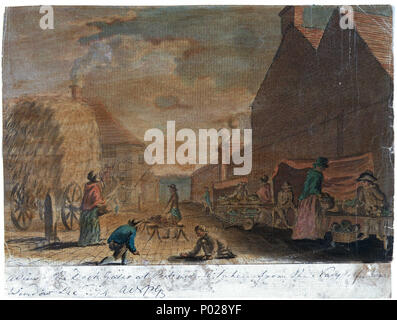 . English : 'une vue sur le Dock Gates à Portsmouth prises à partir de la fenêtre de la chambre, du café de la Marine 74' Decr [Bray album] no 19 de 74 (PAJ1976 - PAJ2049) Le point de vue semble être le long du mur de l'arsenal vers le disque, avec l'une des tavernes au bord de l'eau sur la gauche, les titulaires de la vente des produits de calage et deux hommes peut-être jouer sur les osselets pavée surface dans l'avant-plan. Le titre et la date sont inscrits ci-dessous avec la signature 'AVprGB' (à la vie par Gabriel Bray) et le dessin a été fait juste avant de Bray s'embarque pour l'Afrique de Portsmouth en décembre 1774. C'est l'un des 73 dessins de Banque D'Images