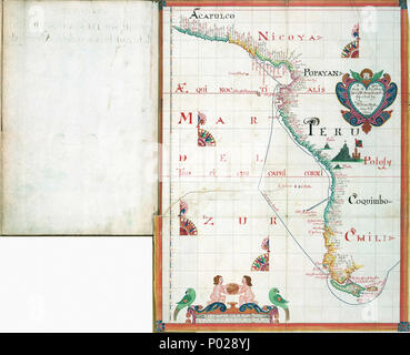 . English : 'un Wagoner de la mer du Sud décrivant la côte d'Acapulco à Albermarle Isle, faite par William Hack au signe de grande Britaine et de l'Irlande à Wapping. Anno 1685'.Hack, William (Anglais) 1685. 'Un Wagoner de la mer du Sud décrivant la côte d'Acapulco à Albermarle Isle, faite par William Hack au signe de grande Britaine et de l'Irlande à Wapping. Anno 1685' 149 cartes richement illustré et coloré. Pour être vu sur microfilm seulement (SMF/177) UN Wagoner des mers - vue du littoral de l'Amérique du Sud . 1685. William Hack 1 'UN Wagoner de la mer du Sud décrivant e Banque D'Images