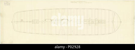 . English : 'Agincourt' (1796) Échelle : 1:48. Plan montrant l'arme (inférieur) proposé pour la mise en place de la plate-forme 'Earl Talbot', un navire de la Compagnie des Indes orientales acheté sur les stocks, comme un 64 canons, deux étages et rebaptisée "Azincourt" (1796), à flancs noirs par M. Perry. 'Agincourt' (1796) '2' d'Agincourt (1796) RMG J3355 Banque D'Images