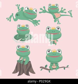 Cartoon Vector de grenouille verte dans l'étang thème dans différentes positions. Illustration de Vecteur