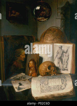 . Vanitas still life with skull, livres, gravures et peintures de Rembrandt et de Jan Lievens, avec un reflet du peintre au travail. Entre 1635 et 1640 16 001 Simon Luttichuys Banque D'Images