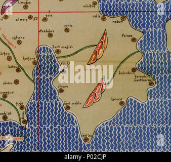 . English : Extrait d'une copie de la carte de 1154 (Tabula Rogeriana) réalisée par le géographe Al-Idrissi. Il s'agit de la première carte de la Bretagne. On peut notamment lire 'ard bretania' (Bretagne), 'Dul' (Dol de Bretagne), 'Dinam' (Dinan), 'šant mahlu" (Saint Malo), nānițas (Nantes), parmi les différentes villes représentées. Anglais : Extrait d'une copie de la carte du monde en 1154, la Tabula Rogeriana Al-Idrissi. C'est la première carte de la Bretagne (et c'est écrit en arabe, ici avec l'alphabet latin). Certains noms de lieu : 'ard bretania' (Bretagne), 'Dul' (Dol de Bretagne), "l'institut" (Din Banque D'Images