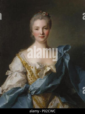 . Portrait de Madame de la porte, demi-longueur, portant une robe de satin blanc avec broderies d'or et un manteau bleu, avec des fleurs dans ses cheveux. . Madame de la porte . 175418 'Madame de La Porte" huile sur toile tableau de Jean-Marc Nattier, 1754, Art Gallery of New South Wales Banque D'Images