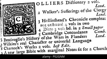 . Anglais : fleuron de livre : un catalogue de livres précieux et curieux, beaucoup d'entre eux entièrement nouveau, le reste sélectionné dans les bibliothèques de la fin du pasteur. Dr R. Phillips de Shrewsbury, et plusieurs personnalités dernièrement deceas'd. Composé de près de 4000 Volumes dans la plupart des langues et les branches de la littérature, en plus poli bon état, un grand nombre d'entre eux et Doré Lettre'd. Qui commenceront à être vendus bon marché (le prix le plus bas d'être repéré dans le catalogue, et la première feuille de chaque livre) le mardi 11 septembre 1739. Exactement à dix heures du matin, à l'Old-Cross Birmingham. L Banque D'Images