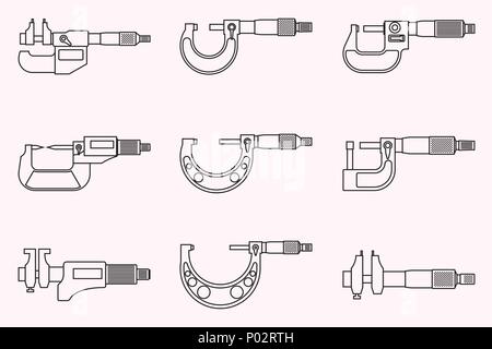 Ensemble d'instruments de mesure. Micromètre. Silhouette vecteur. Fine ligne vector Illustration de Vecteur