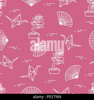 Modèle intégré de bonsaï, origami grues de papier, fans. Voyages et loisirs. Éléments de conception traditionnelle du Japon. Illustration de Vecteur