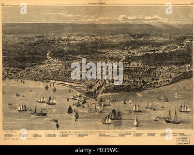 . Anglais : Titre : La ville de Chicago, montrant l'holocauste district Map mettant en évidence la zone touchée par l'incendie de Chicago de 1874 ou, le "Petit Chicago Fire.' perspective vue d'ensemble carte non à l'échelle. Publié dans Harpers Weekly, 1 août 1874. . Bird's-eye-view de Chicago comme il était avant l'incendie.. 23 octobre 2014, 16:04:34. À partir d'une impression couleur publié par Currier & Ives. ; publié dans le Harper's Weekly (1 août 1874) ; Image fournie par Bibliothèque du Congrès 20 1874ChicagoFireMap Banque D'Images