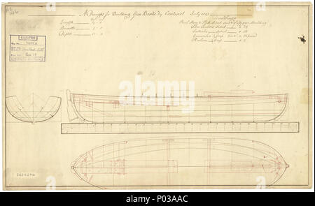 . Anglais : 27ft Gunboat (sans date) Échelle : 1:24. Plan montrant le corps plan, ligne pure avec détail intérieur, plan de pont avec des demi-largeur pour une 27ft canonnières à être construit par contrat. Le plan comprend aussi des dimensions et charcoal. L'inverse indique que le plan est similaire à celui proposé par le capitaine Edward Pelham Brenton [commandant RN, l'ancienneté 29 avril 1802 ; Le Capitaine RN, l'ancienneté 13 décembre 1808] [signé au crayon] Henry Peake [Maître charpentier, Deptford Dockyard, 1803-1806] lignes & profil 22 27ft Gunboat (sans date) RMG J0064 Banque D'Images